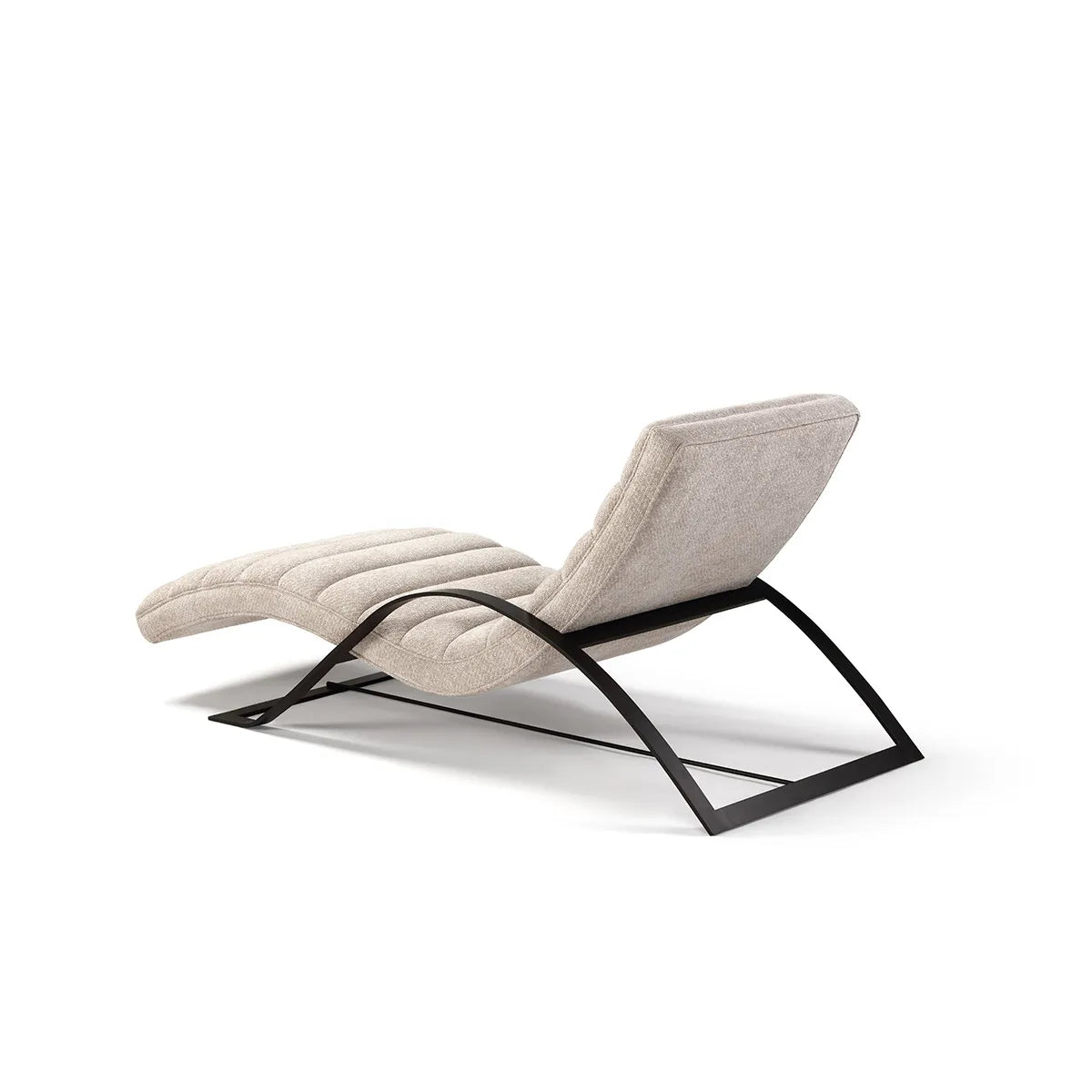 Modern lounge chair with beige cushion and black metal frame on a white background