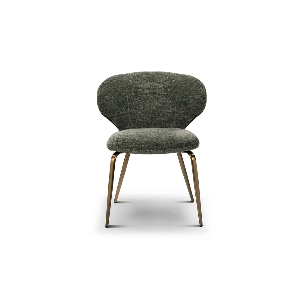 Modern chair with green cushioned seat and bronze legs on a white background