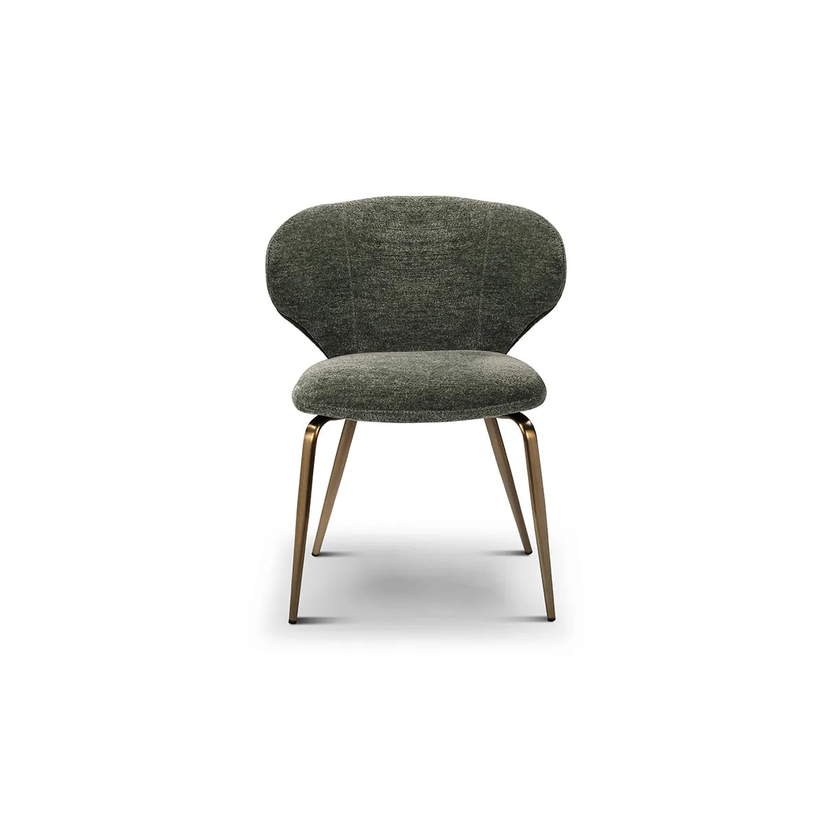 Modern chair with green cushioned seat and bronze legs on a white background