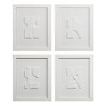 Four white framed abstract wall art pieces on a white background