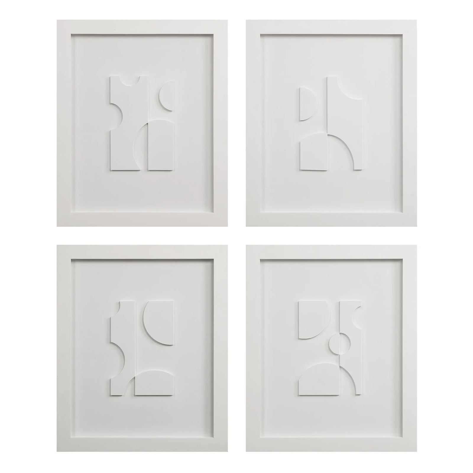 Four white framed abstract wall art pieces on a white background