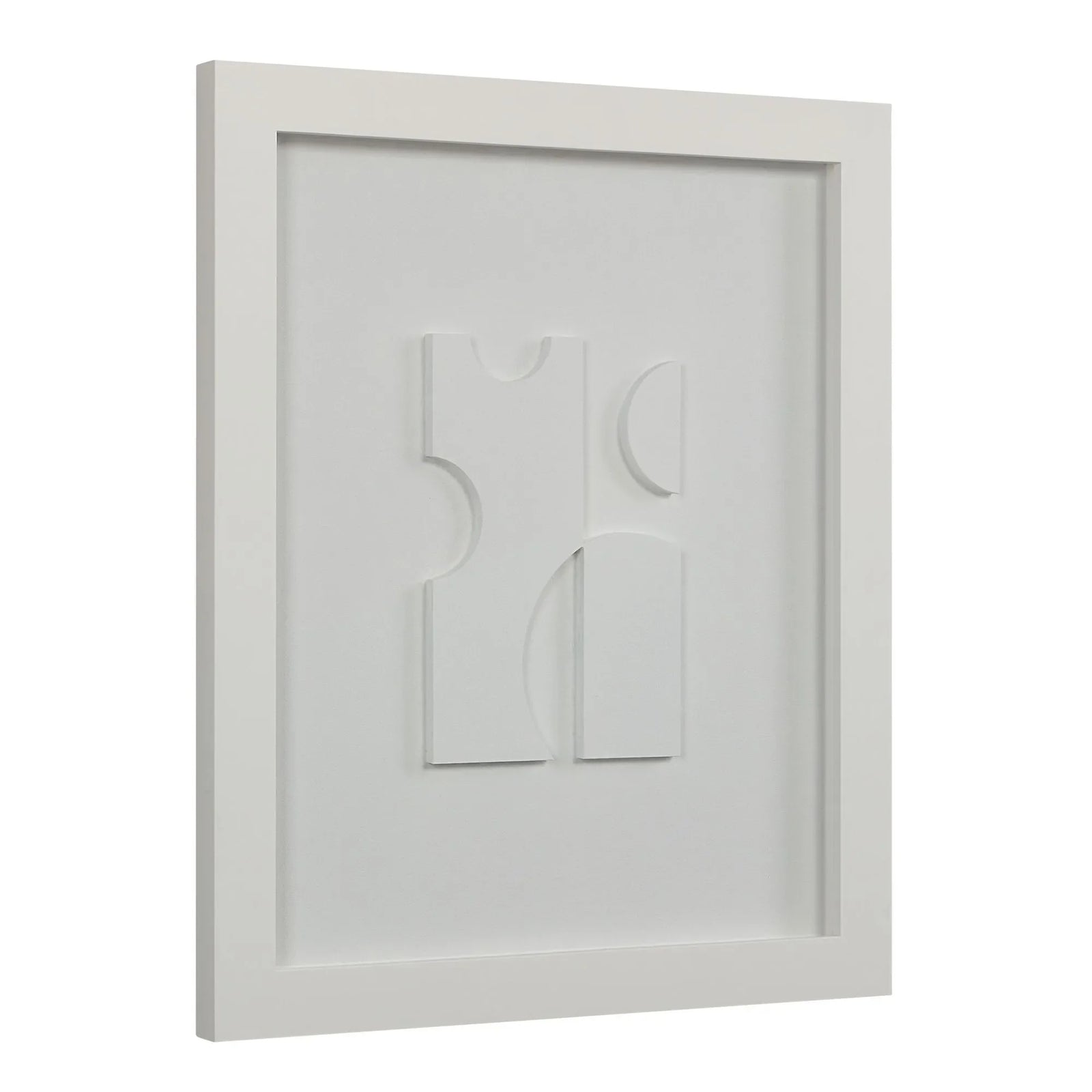 White framed abstract art piece with geometric design on a white background
