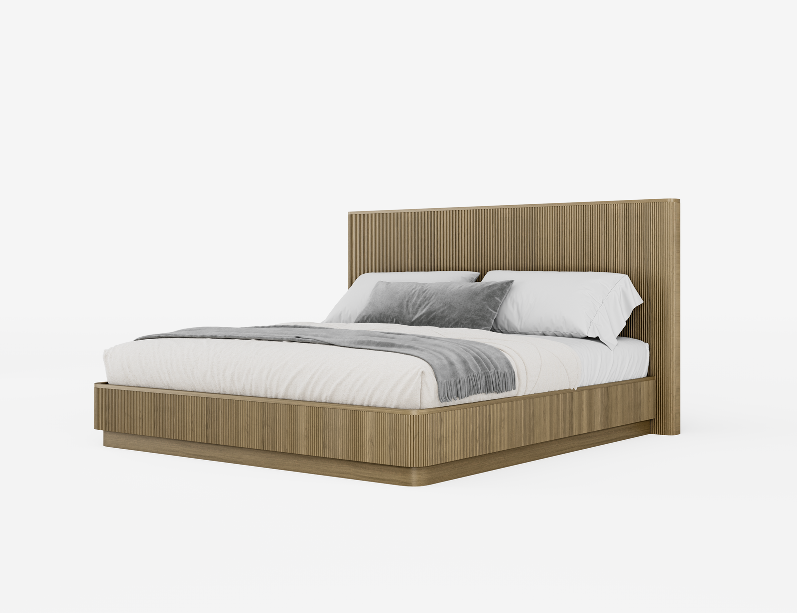 Wooden bed with white bedding on a white background