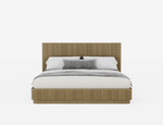 Wooden bed with white bedding on a white background