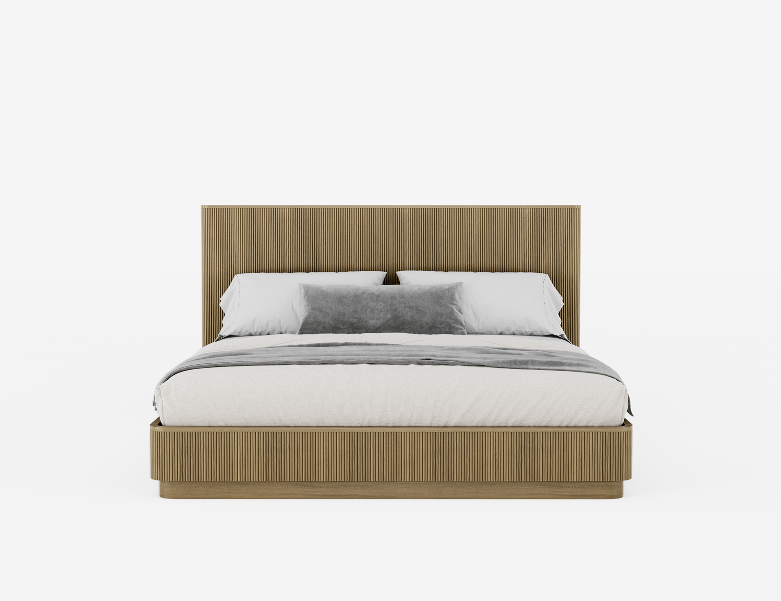 Wooden bed with white bedding on a white background