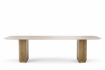 Dining table with marble top and wooden legs on a white background