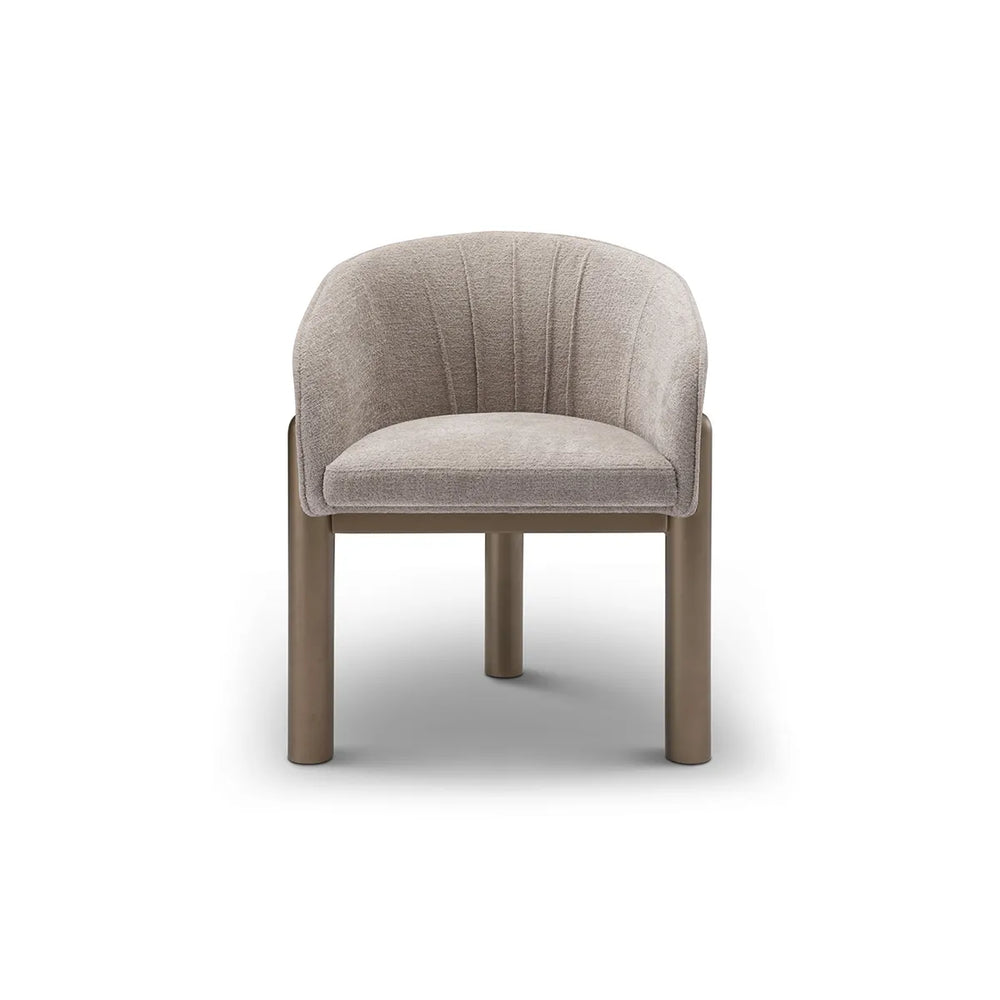 Beige upholstered chair with wooden legs on a white background