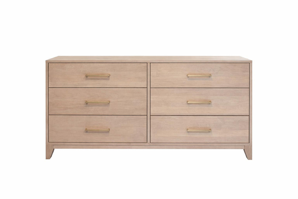 Wooden dresser with six drawers and gold handles on a white background