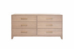 Wooden dresser with six drawers and gold handles on a white background