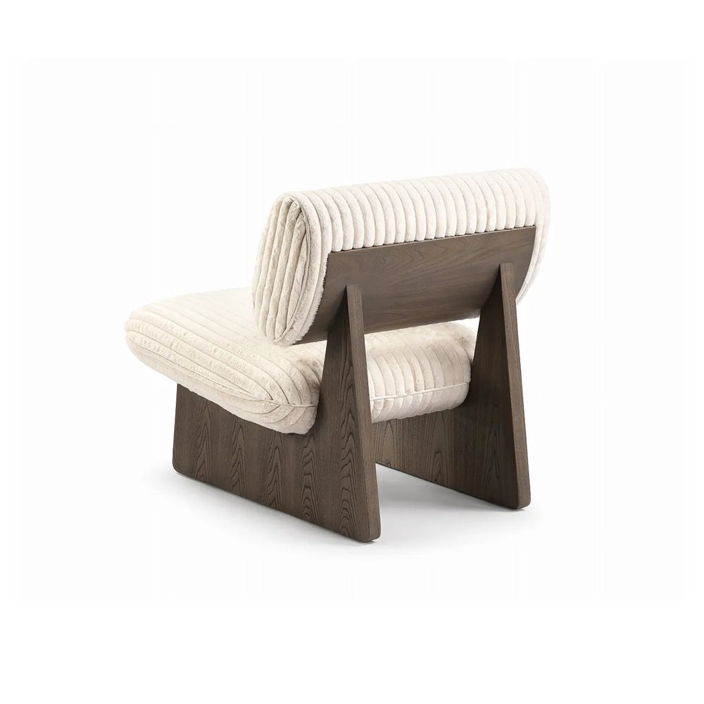 Modern chair with wooden frame and white cushion on a white background