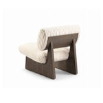 Modern chair with wooden frame and white cushion on a white background