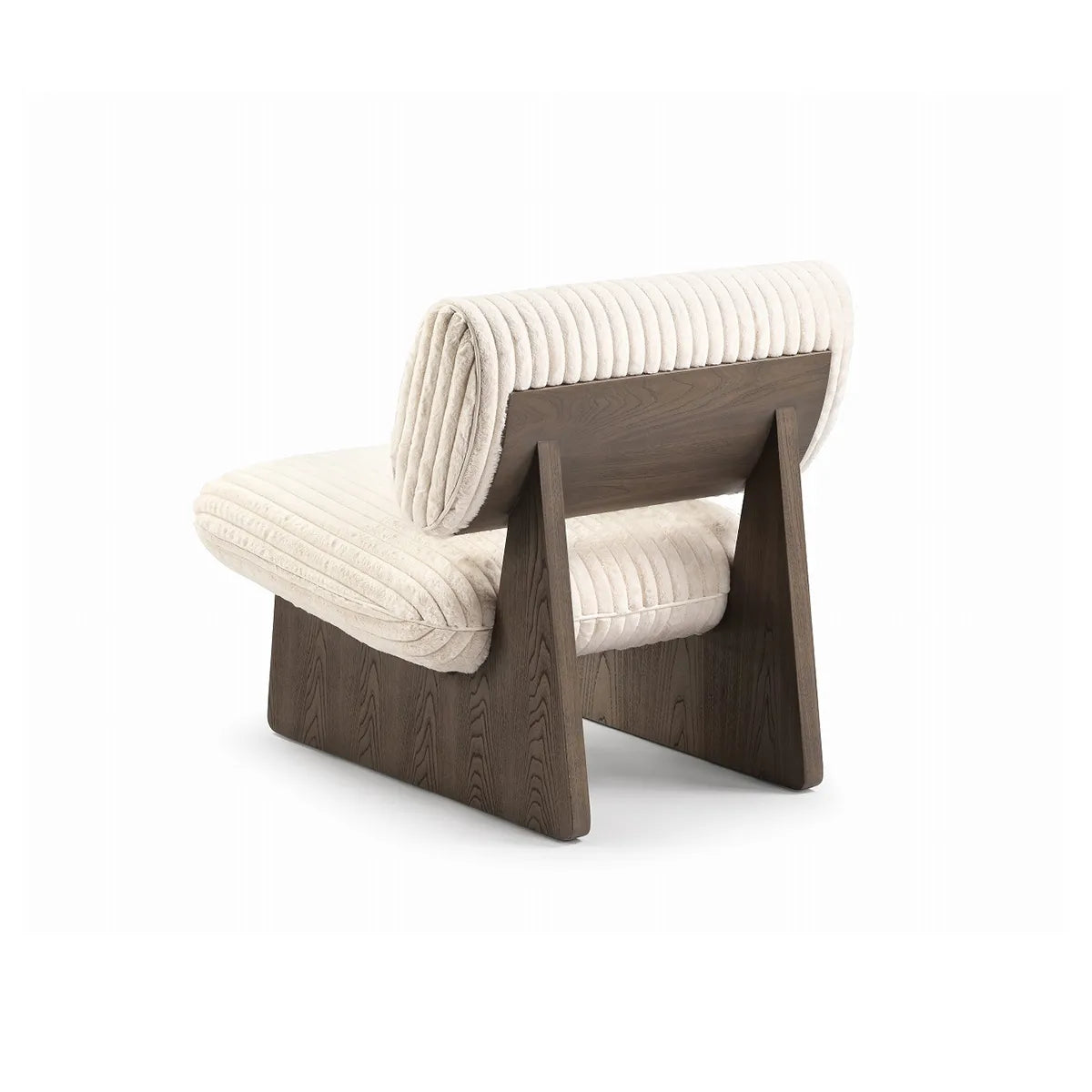 Modern chair with wooden frame and white cushion on a white background