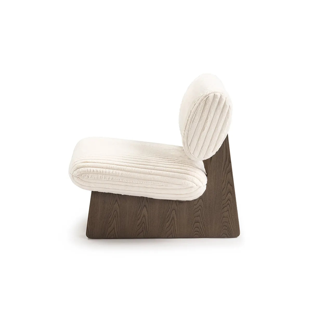 Modern chair with white cushioned seat and backrest on a wooden base against a white background