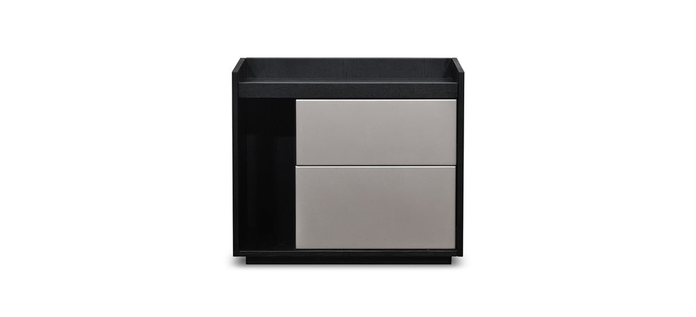 A black nightstand with a single drawer and a lower shelf, set against a white background.
