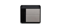 A black nightstand with a single drawer and a lower shelf, set against a white background.