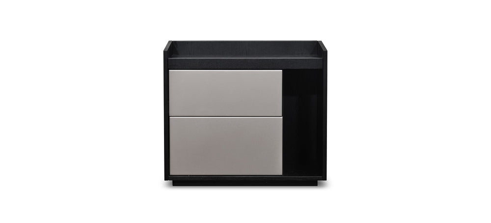 A black and gray Gemma nightstand or end table with a simple design, featuring a drawer on the right side and a shelf on the left.