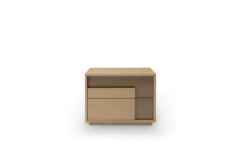 Beige nightstand with two drawers on a white background