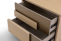 Beige nightstand with two drawers on a white background