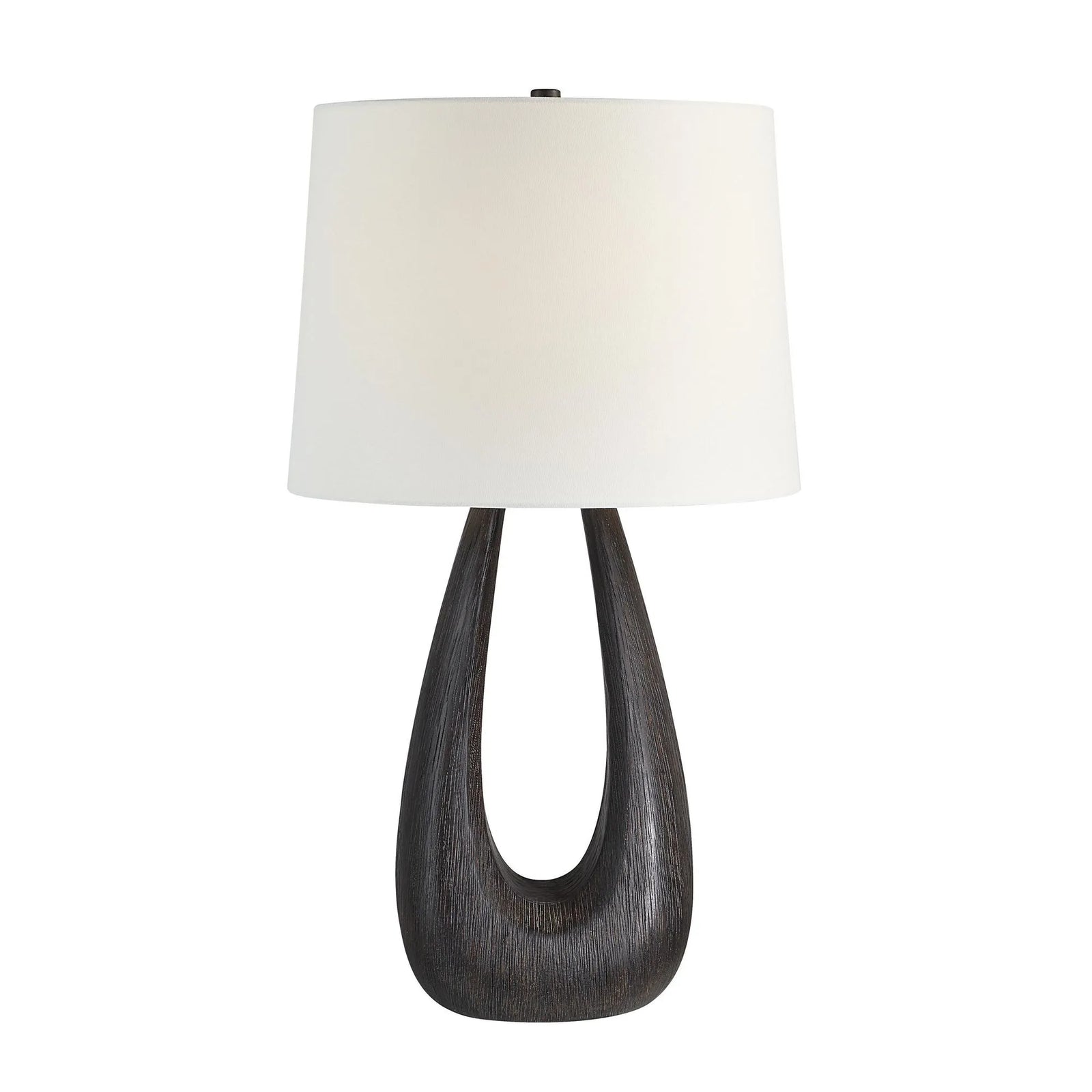 Table lamp with a dark wooden base and white lampshade on a white background