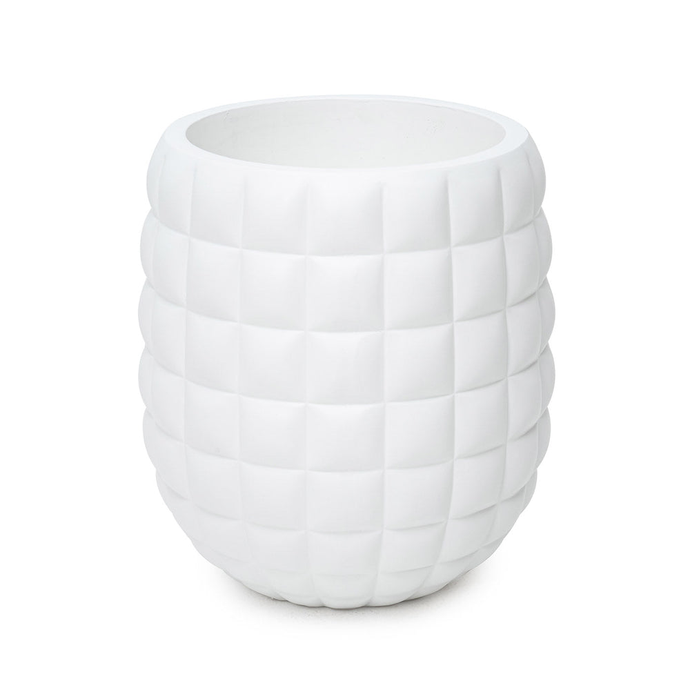A white 24-inch planter made of fiberglass with a textured indoor/outdoor design.