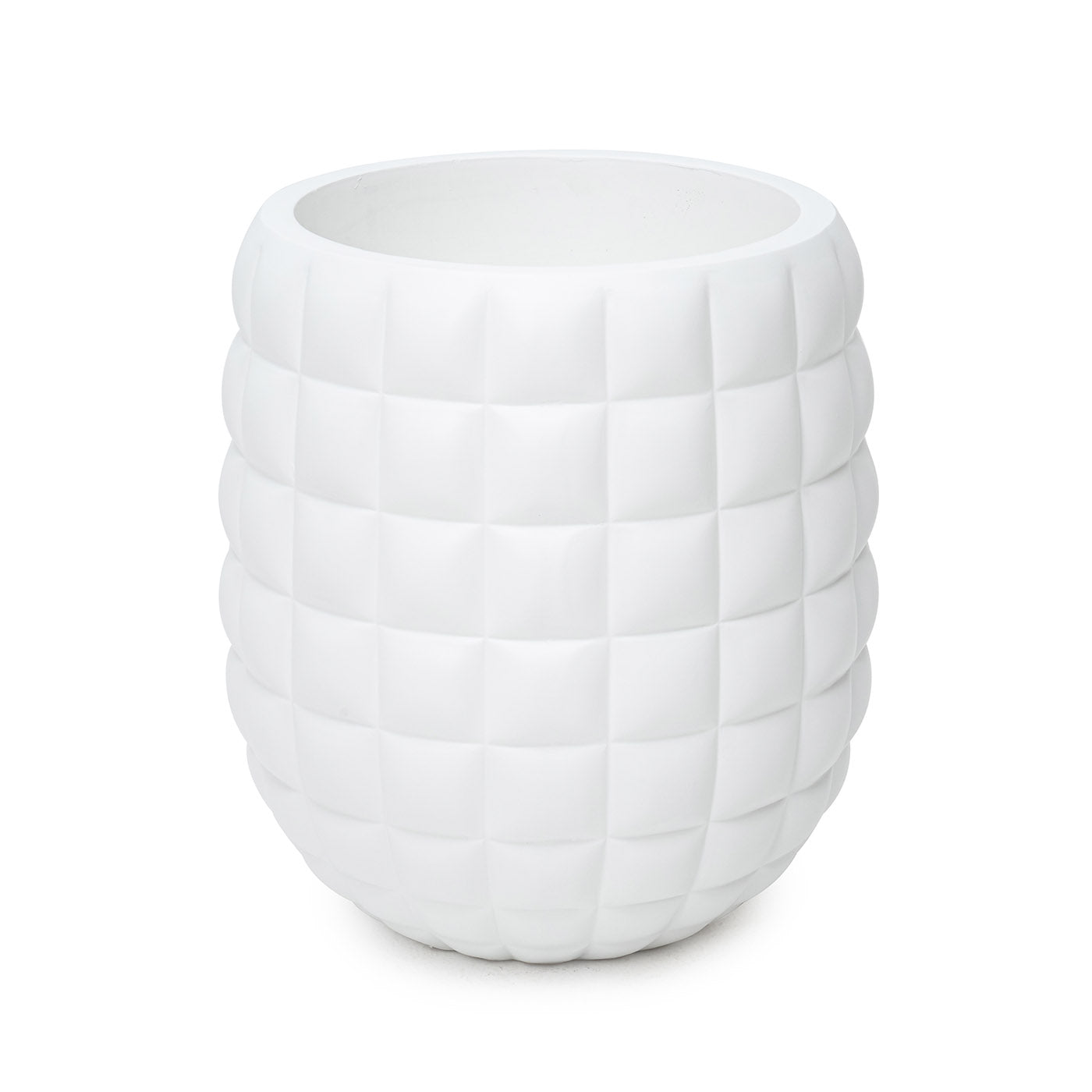 A white 24-inch planter made of fiberglass with a textured indoor/outdoor design.