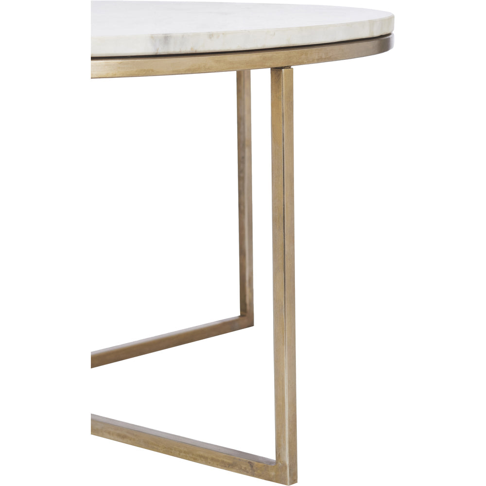Round white marble coffee table with antique brass plated iron frame.