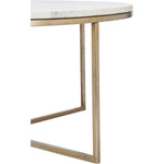Round white marble coffee table with antique brass plated iron frame.