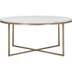 Round white marble coffee table with antique brass plated iron frame.