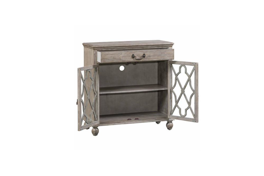 Wooden cabinet with decorative glass doors on a white background
