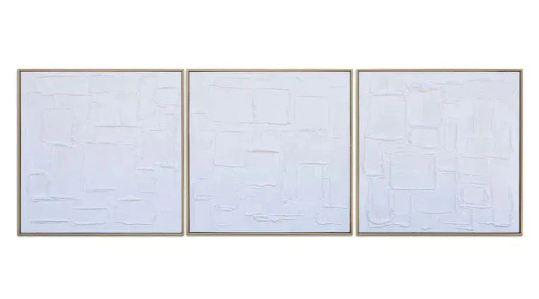 Three framed artworks with a brick pattern on a white background