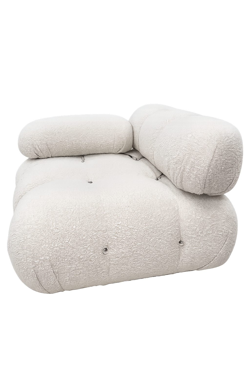 White upholstered chair with a rounded design on a white background