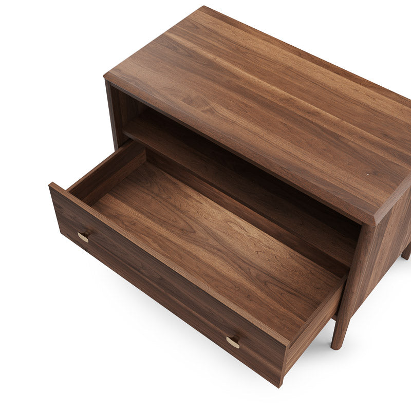 A brown king-size nightstand with one drawer and a mobile phone charger on top.