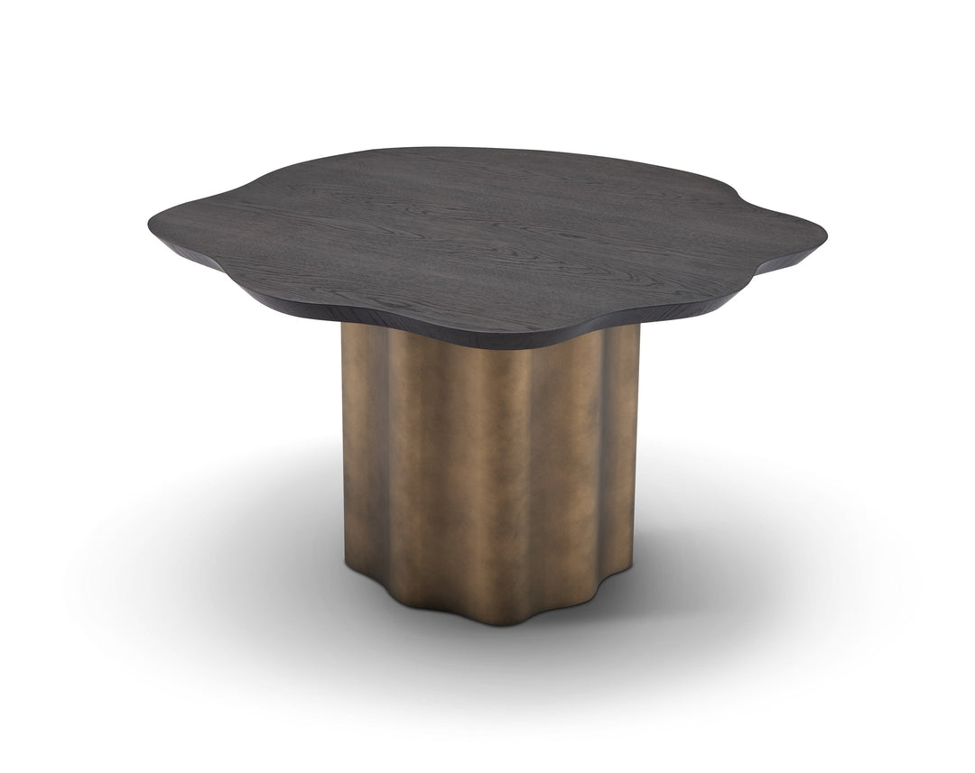 Modern side table with dark wooden top and bronze metal base on a white background