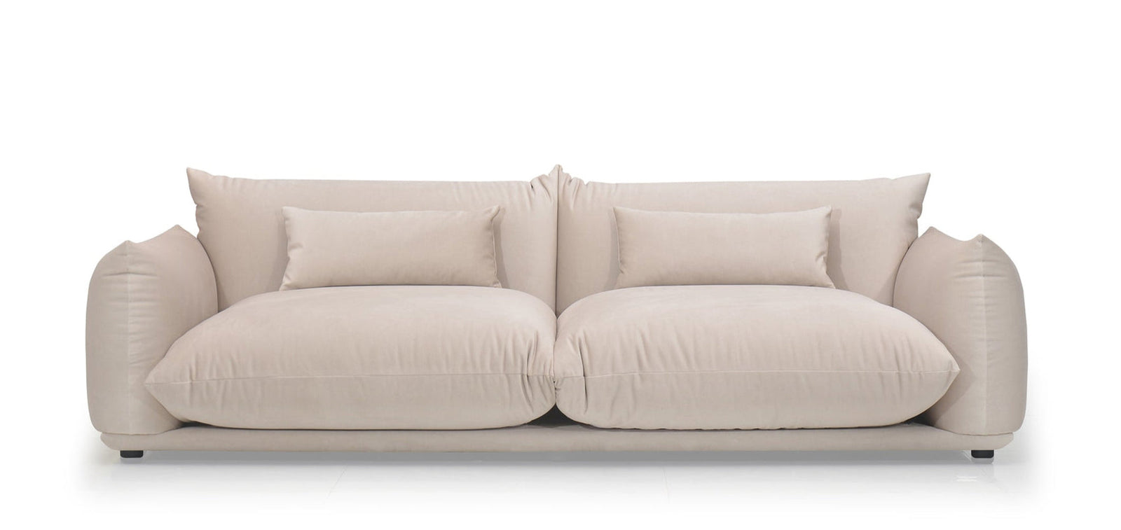 Beige sofa with cushions on a white background