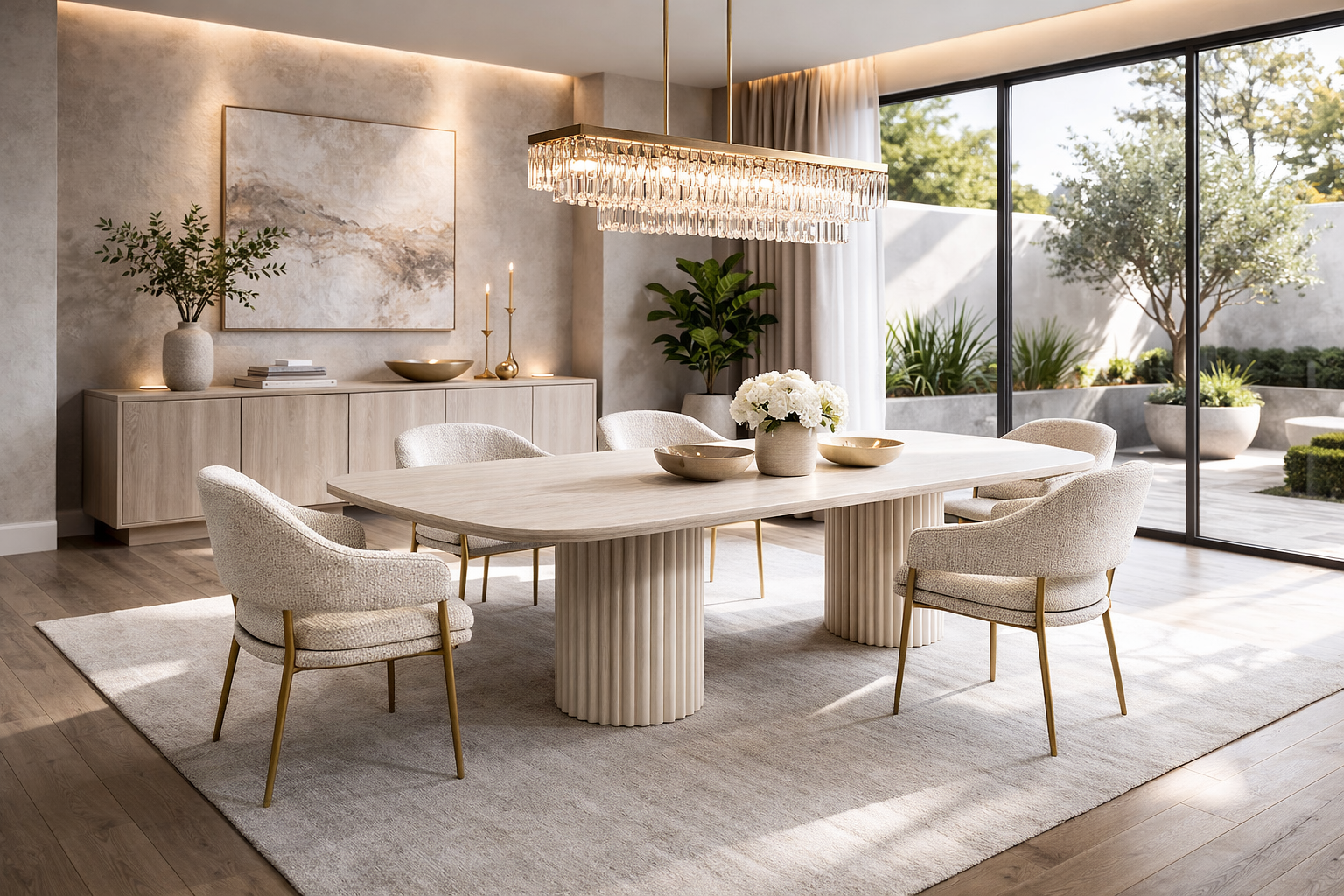 Modern dining room with a long table and chairs, featuring a chandelier and large windows.