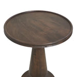 Wooden side table with round top and pedestal base on a white background