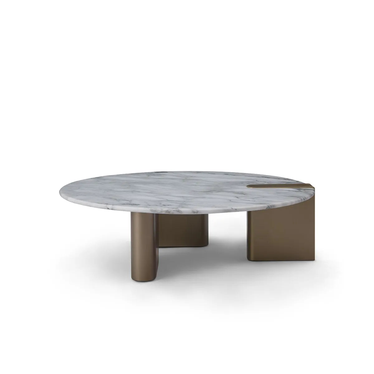 Modern coffee table with marble top and bronze base on a white background