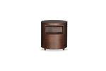 Wooden side table with a round top and curved sides on a white background