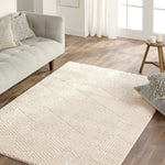 Living room with a textured beige rug, gray sofa, and wooden floor.