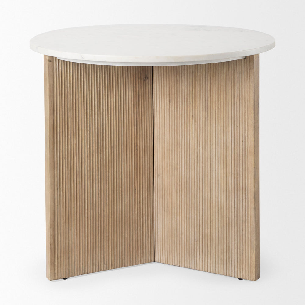 Round white marble tabletop with a wooden base featuring a geometric pattern, likely a side table.