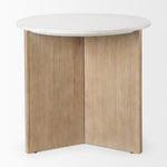 Round white marble tabletop with a wooden base featuring a geometric pattern, likely a side table.