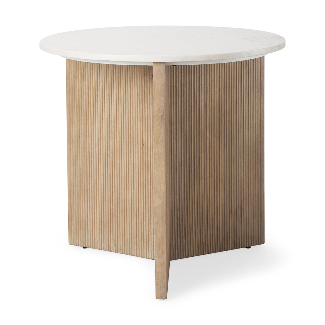 Round white marble tabletop with a wooden base featuring a geometric pattern, likely a side table.
