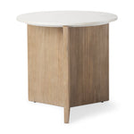 Round white marble tabletop with a wooden base featuring a geometric pattern, likely a side table.