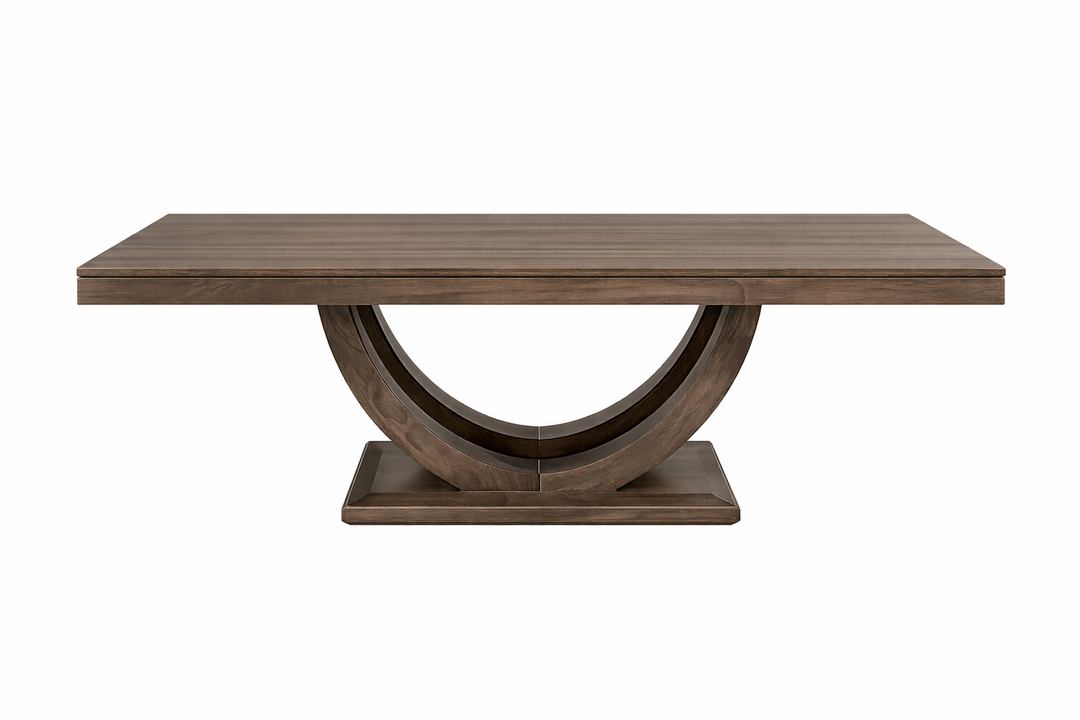 Wooden dining table with unique circular base design on a white background