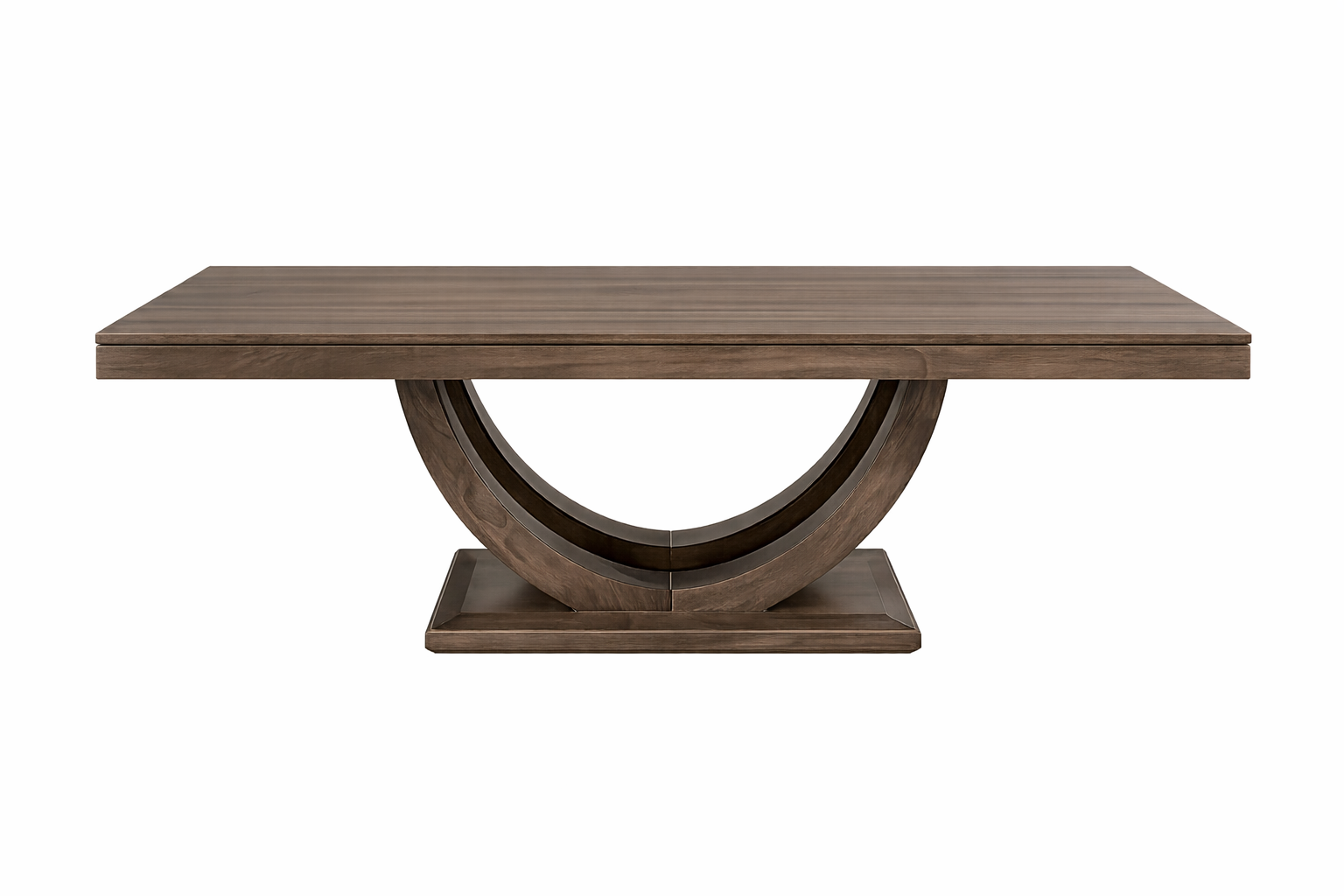 Wooden dining table with unique circular base design on a white background