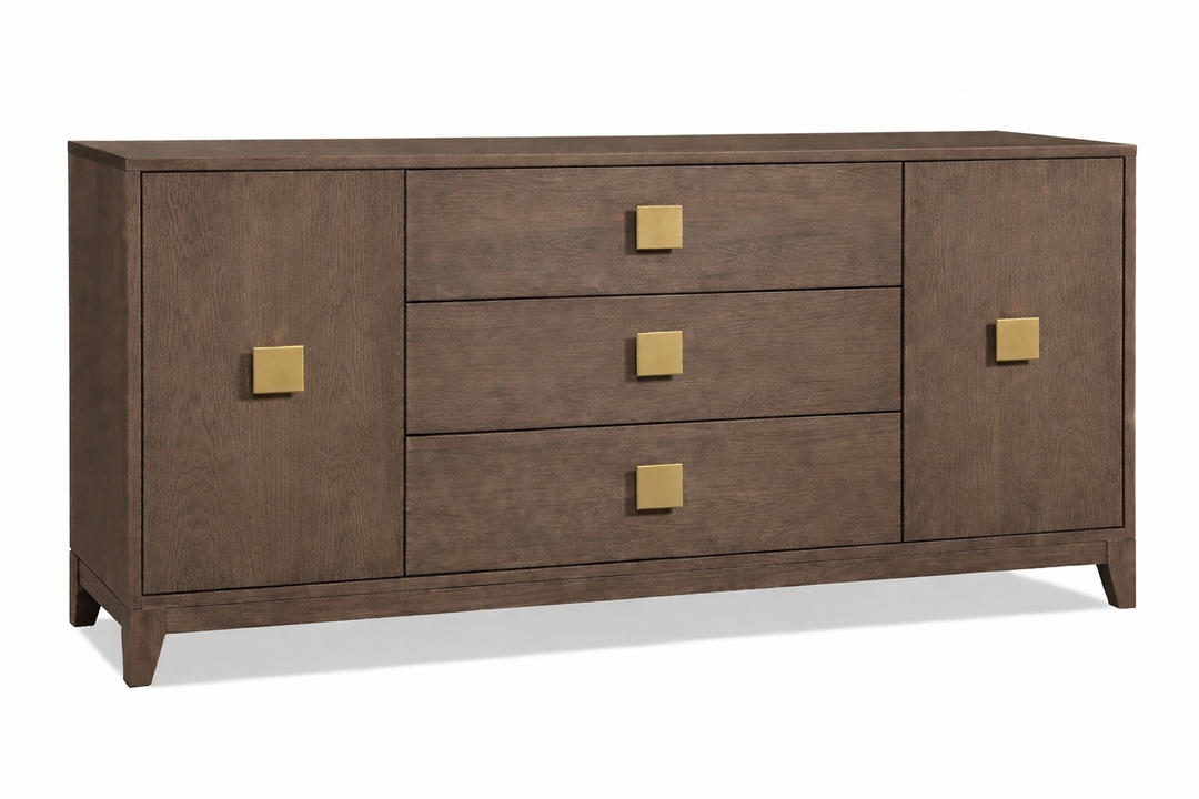 Wooden dresser with gold accents on a white background