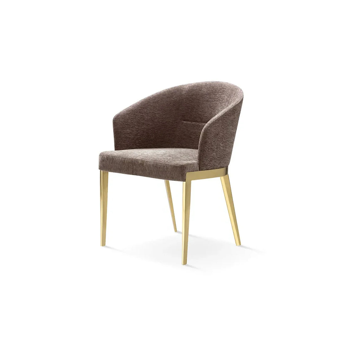 Chair with brown upholstered seat and backrest on gold legs against a white background