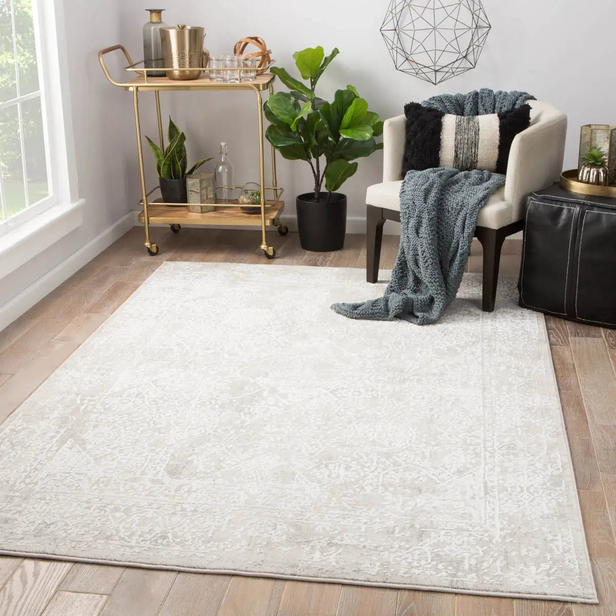 Living room with a white rug, chair, and decorative items.