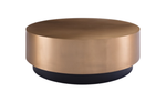 Round metallic coffee table with gold top and black base on a white background