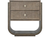 A dark brown nightstand with two drawers and a lower shelf, featuring a sleek, modern design.